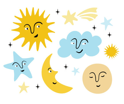 Cute celestial illustration with smiling sun, moon, stars and cloud faces on white background
