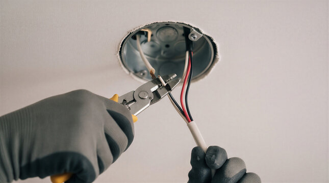 Electrician using pliers to cut and strip electrical wires while installing ceiling lighting.
