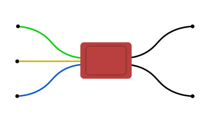 Obraz premium Red rectangular electronic microchip module with colorful signal wires connected on transparent grid background