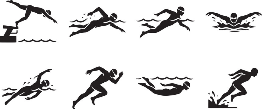 Professional swimmers diving and racing across pool lanes