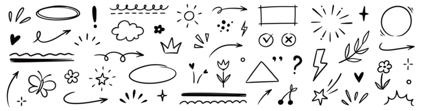 Line arrow cute doodle element set. Hand drawn doodle sketch line arrow cute element icon heart sketch design. Star emphasis sun cloud sticker flower glitter sparkle crown. Vector