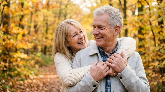 A happy elderly couple shares a warm embrace while enjoying a quiet afternoon stroll through a beautiful autumn forest filled with colorful