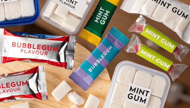 Assorted chewing gum packs and mints isolated on a transparent background