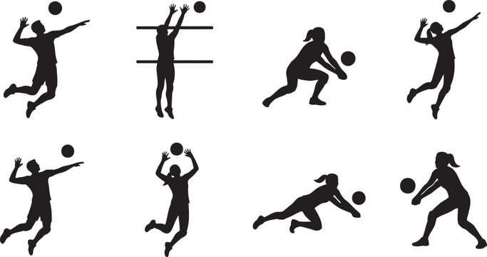 Male and female volleyball players action silhouettes icons set