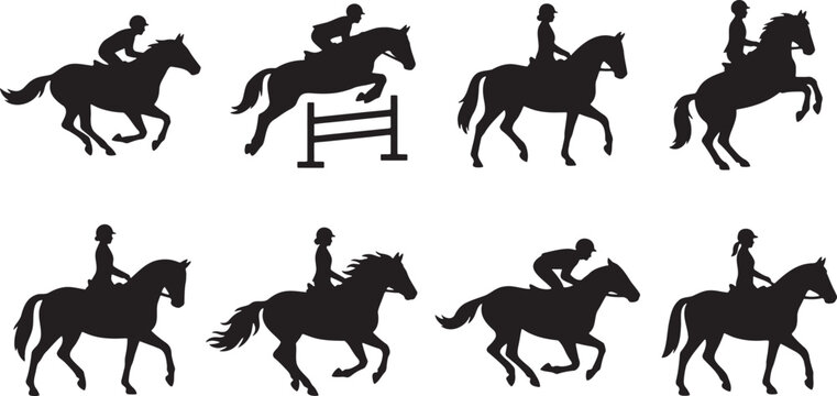 Equestrian sports and horseback riding show jumping silhouettes set
