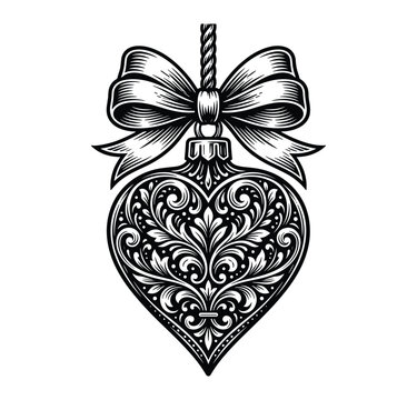 Decorative heart shaped christmas ornament with intricate floral scrollwork patterns and a tied ribbon bow silhouette christmas decor ornate design