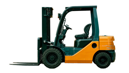 Orange and green industrial forklift truck with metal forks, isolated on transparent background © Benjamin