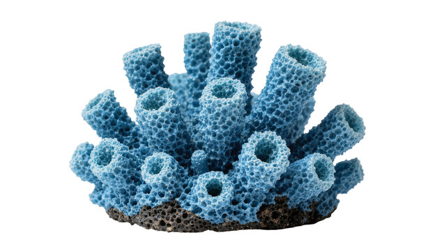 Blue porous coral colony with dark base, isolated on transparent background