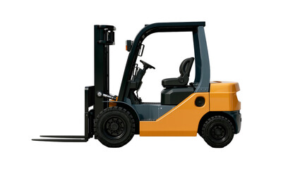 Orange and grey forklift with black forks and tires, isolated on transparent background © Benjamin