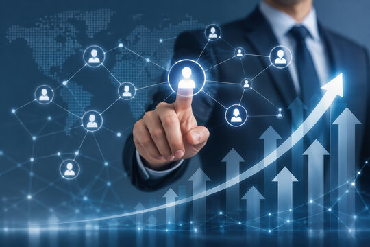 Business network growth concept with business person pointing at connected user nodes and rising arrow graph showing company expansion and digital networking strategy for growth