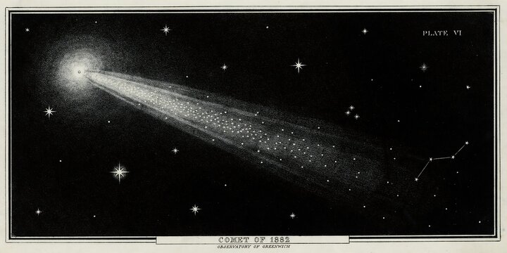 Vintage astronomical engraving of the Great Comet of 1882 from the Royal Observatory Greenwich, featuring detailed star charts and historical scientific.