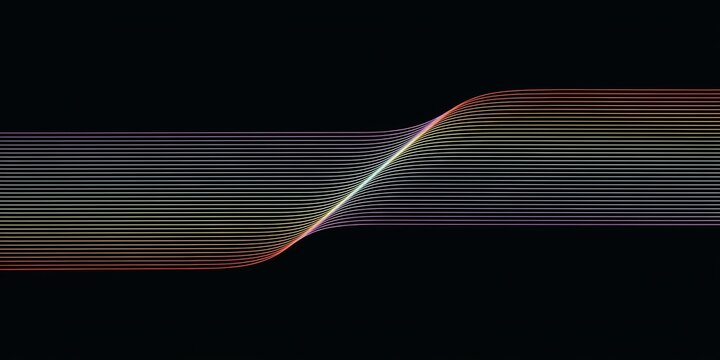 Vibrant glowing neon parallel lines curve smoothly across dark black background, minimalist modern digital art composition for futuristic tech design.