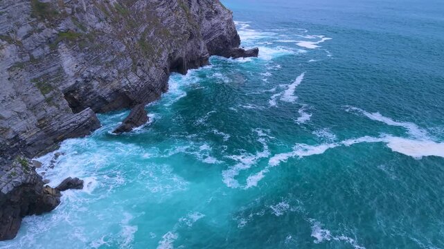 Aerial view from a drone of the Flysch of Bizkaia on the Cantabrian Sea coast between Algorta and Bakio. Province of Bizkaia. Basque Country. Spain. Europe.