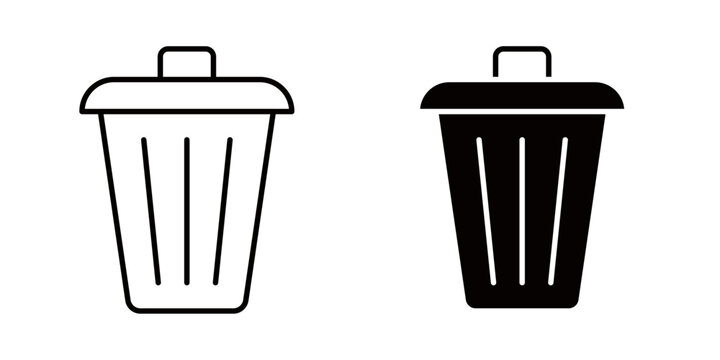 Bin icon illustrated in stroke, fill, and color variations, isolated on a white background. Ideal for trash, waste management, recycling, cleaning, delete functions, garbage collection, mobile apps, w