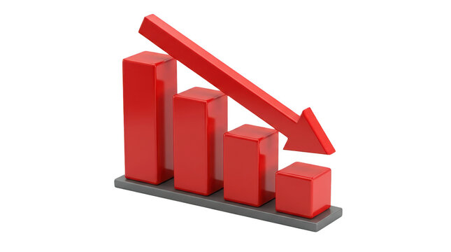 Red bar chart showing a downward trend, isolated on transparent background