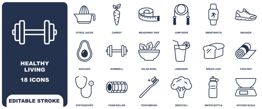 Healthy living icon sheet with 18 editable stroke outline symbols featuring fitness, nutrition, and wellness