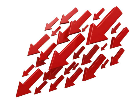 Abstract background with many red 3d arrows pointing downwards isolated on transparent background