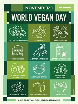 World Vegan Day infographic poster with plant based food icons and text