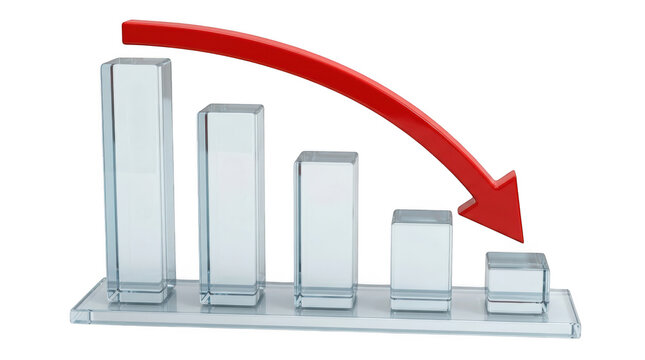 Red downward trend arrow over glass bar chart isolated on transparent background