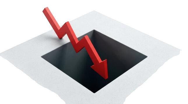 Red arrow showing financial loss or economic crisis dropping into a dark hole, isolated on transparent background