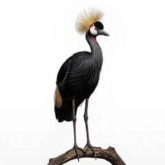 Obraz premium A black crowned crane with a golden spiky crest and dark feathers standing on a wooden branch, isolated on a white background, for wildlife