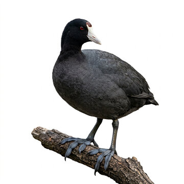 A black eurasian coot bird with a white frontal shield and red eye, perched on a wooden branch against a solid white background
