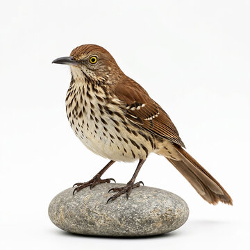 A brown thrasher bird perched on a grey stone against a white background, showing detailed brown and white spotted feathers and a long beak