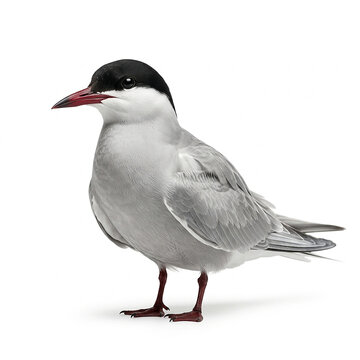 A close up side view of an arctic tern bird with a black cap and red beak standing on a white background, for ornithology research