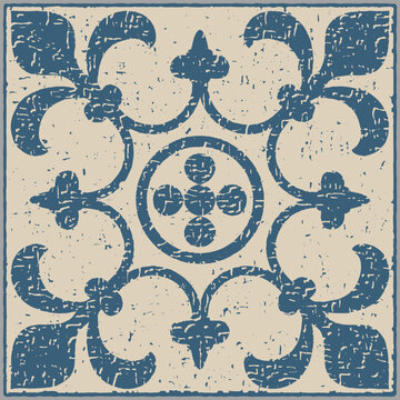 Deep blue patterns printed on a neutral, antiqued beige or off-white background. Distressed and aged effect to mimic antique encaustic tiles. 
