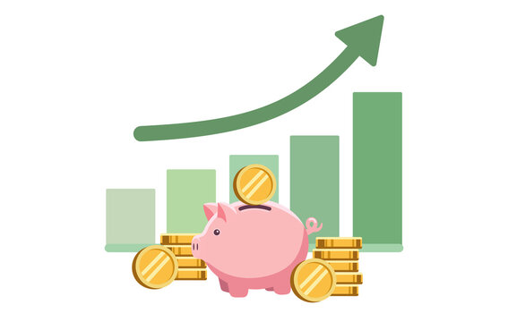 Pink piggy bank with gold coin stacks in front of green rising growth bar graph and upward arrow, flat vector illustration for financial growth, money saving, investment, and capital ROI.