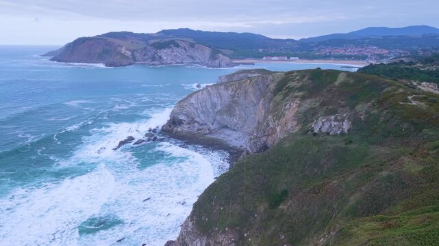 Aerial view from a drone of the Flysch of Bizkaia on the Cantabrian Sea coast between Algorta and Bakio. Province of Bizkaia. Basque Country. Spain. Europe.