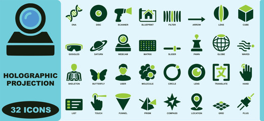 Holographic projection and science technology set featuring thirty two flat symbols for futuristic visuals in a green and dark blue color palette for digital interfaces © SirajulIslam