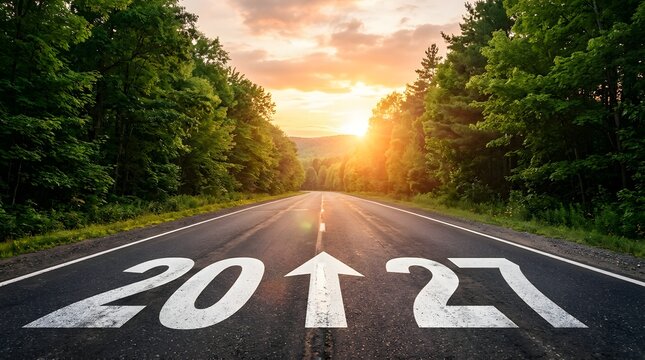 A long road extends forward into a bright future with the year two thousand twenty one painted directly onto the dark asphalt