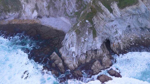 Aerial view from a drone of the Flysch of Bizkaia on the Cantabrian Sea coast between Algorta and Bakio. Province of Bizkaia. Basque Country. Spain. Europe.