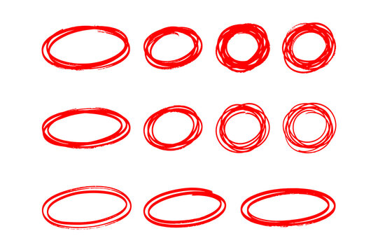 Red hand drawn circle frames and scribble oval highlight rings set isolated on transparent background.