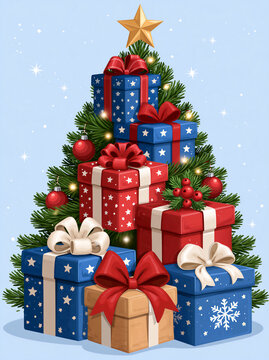 Illustration of Christmas tree and colorful wrapped gifts on blue background