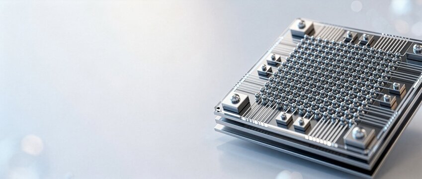 3D Abstract Render of Silicon Quantum Dot Qubit Array Chip for Quantum Hardware with Copy Space (21:9 Web Header)