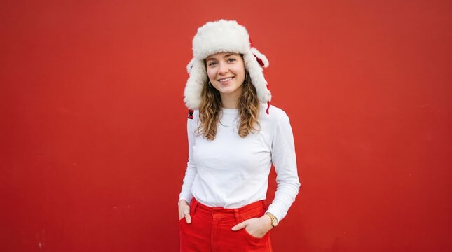 Smiling young woman wearing a white winter hat and red clothing against a vibrant red studio background