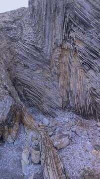 Aerial view from a drone of the Flysch of Bizkaia on the Cantabrian Sea coast between Algorta and Bakio. Province of Bizkaia. Basque Country. Spain. Europe.
