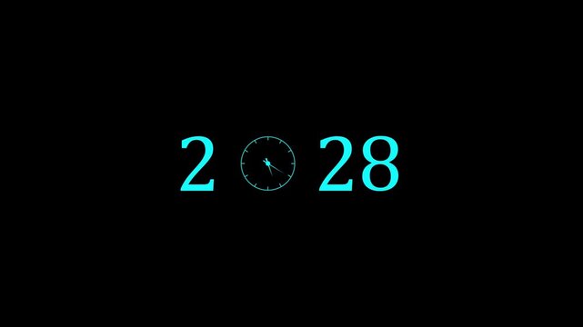abstract white 2028 with clock symbol in black background. Digital clock icon concept future calendar design video.