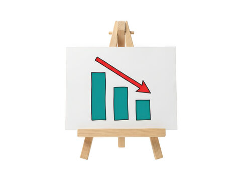 Handdrawn bar chart with a red downward arrow on a wooden easel isolated on transparent background