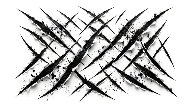 Sharp animal claw marks with deep scratches and torn paper texture isolated on white background