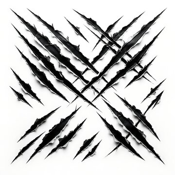 Sharp animal claw marks tearing through white paper background, aggressive scratch texture for horror or wildlife graphic design projects