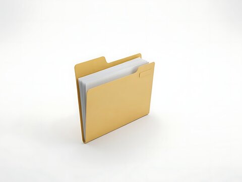 A yellow paper document folder filled with white papers on white background