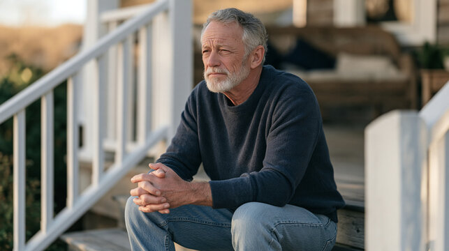 A retired man sitting quietly on a bare front step at dusk, hands clasped, no devices, watching the end of day, stillness, intentional presence, aging with simplicity, slow