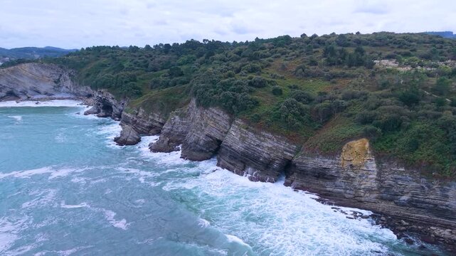 Aerial view from a drone of the Flysch of Bizkaia on the Cantabrian Sea coast between Algorta and Bakio. Province of Bizkaia. Basque Country. Spain. Europe.