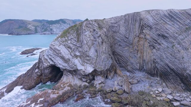 Aerial view from a drone of the Flysch of Bizkaia on the Cantabrian Sea coast between Algorta and Bakio. Province of Bizkaia. Basque Country. Spain. Europe.