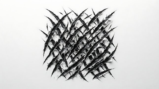 Sharp animal claw marks tearing through paper, aggressive scratch texture isolated on white background for horror and danger themes