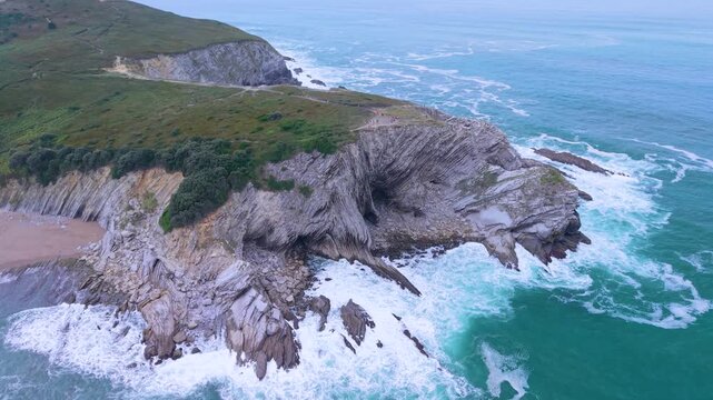 Aerial view from a drone of the Flysch of Bizkaia on the Cantabrian Sea coast between Algorta and Bakio. Province of Bizkaia. Basque Country. Spain. Europe.