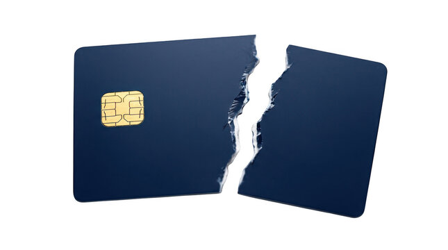 Dark blue credit card broken in half with jagged edges isolated on transparent background